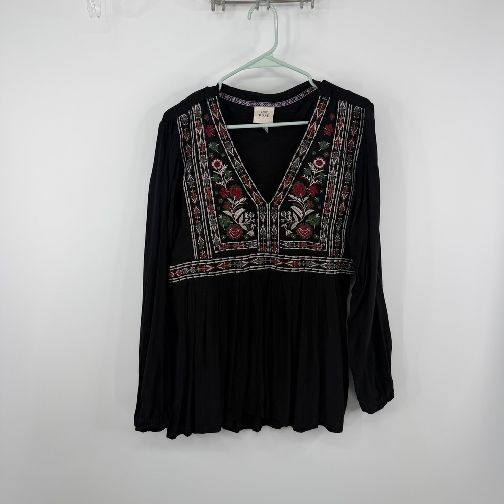 Knox Rose Blouse Women Large Black Embroidered V-Neck Boho Peplum Long Sleeve